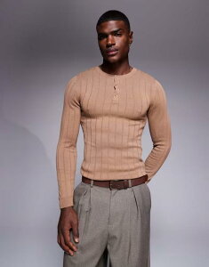 �G�C�\�X �����Y �g�b�v�X T�V���c �w�����[�l�b�N �V���c �j�b�g ASOS DESIGN muscle fit long sleeve knitted rib henley neck t-shirt in tan TAN �^��