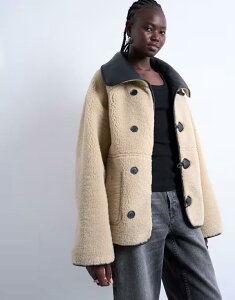 �g�b�v�V���b�v ���f�B�[�X �A�E�^�[ �R�[�g Topshop faux shearling oversized reversible coat with button loops and cream Black cream �N���[��