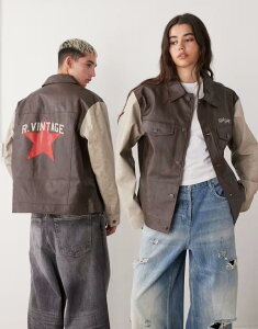 NC Be[W fB[X AE^[ WPbgEu] U[ WPbg Reclaimed Vintage unisex leather look bomber jacket with star embroidery Brown uE