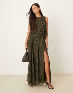 �G�C�\�X ���f�B�[�X �g�b�v�X �����s�[�X �v�����g �t���� �}�L�V ASOS DESIGN racer neck maxi shift dress with ruffle detail abstract print Green abstract �O���[��