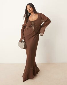 �G�C�\�X ���f�B�[�X �g�b�v�X �����s�[�X �}�L�V�����s�[�X �M���U�[ �}�L�V ASOS Curve ASOS DESIGN Curve ruched bust long sleeve maxi dress in chocolate Chocolate �`���R���[�g