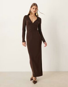�G�C�\�X ���f�B�[�X �g�b�v�X �����s�[�X �}�L�V�����s�[�X �M���U�[ �}�L�V ASOS DESIGN long sleeve ruched front maxi dress in chocolate Chocolate �`���R���[�g