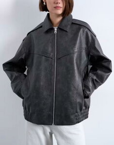 gbvVbv fB[X AE^[ WPbgEu] Be[W U[ tFCNU[ WPbg Topshop faux leather bubble vintage wash seam detail zip up bomber jacket in washed washed black ub