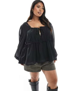 �G�C�\�X ���f�B�[�X �g�b�v�X �V���c �M���U�[ �V�A�[ �u���E�X ASOS Curve ASOS DESIGN Curve sheer yoke ruched detail blouse Black �u���b�N
