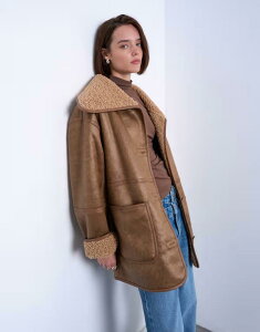 �g�b�v�V���b�v ���f�B�[�X �A�E�^�[ �R�[�g Topshop faux shearling oversized patch pocket mid length car coat in caramel Caramel