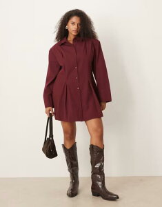 �G�C�\�X ���f�B�[�X �g�b�v�X �����s�[�X �~�j�����s�[�X �~�j �V���c ASOS Curve ASOS DESIGN Curve cinched shoulder pad shirt mini dress Burgundy �o�[�K���f�B