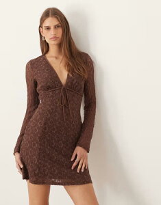 �G�C�\�X ���f�B�[�X �g�b�v�X �����s�[�X �~�j�����s�[�X �~�j ���[�X ASOS DESIGN lace long sleeve plunge tie front mini dress in chocolate Choc �`���R���[�g