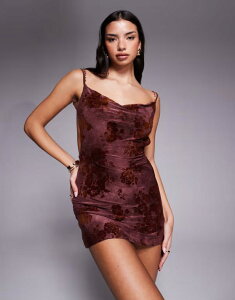 �^�C�K�[�~�X�g ���f�B�[�X �g�b�v�X �����s�[�X �~�j�����s�[�X �t�����[�� �~�j �t�����[ Tiger Mist Sparrow devore cowl neck beaded cross back detail mini dress in chocolate floral Chocolate �`���R���[�g