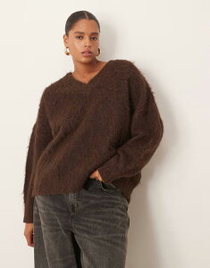 �G�C�\�X ���f�B�[�X �A�E�^�[ �j�b�g�E�Z�[�^�[ V�l�b�N �Z�[�^�[ �j�b�g ASOS Curve ASOS DESIGN Curve knit brushed v-neck oversized sweater in chocolate Chocolate �`���R���[�g