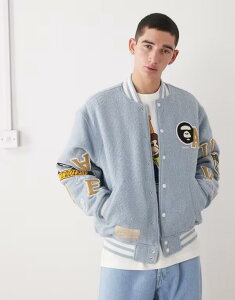xCVO GCv Y AE^[ WPbgEu] WPbg Aape By A Bathing Ape varsity bomber jacket in light blue with sleeve embroidery LBLUE u[