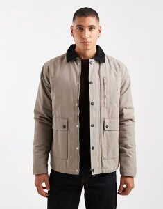 X[hxA Y AE^[ R[g RgXg WPbg Threadbare canvas jacket with front pockets and contrast collar in mushroom Mushroom
