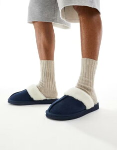GC\X Y V[Y T_ XG[h ASOS DESIGN mule slippers suede with faux shearling lining Navy lCr[