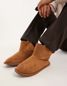 �G�C�\�X �����Y �V���[�Y �T���_�� �u�[�c ASOS DESIGN slipper boots in tan with faux fur lining Tan �^��