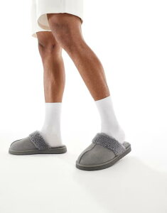 GC\X Y V[Y T_ XG[h ASOS DESIGN mule slippers suede with faux shearling lining Gray O[