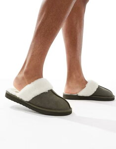 GC\X Y V[Y T_ XG[h ASOS DESIGN mule slippers suede with faux shearling lining Khaki J[L
