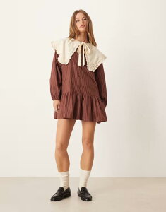 �l�I�����[�Y ���f�B�[�X �g�b�v�X �����s�[�X �~�j Neon Rose oversized collar pinstripe mini smock dress and buttercream BROWN �u���E��