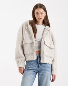 �I�����[ ���f�B�[�X �A�E�^�[ �W���P�b�g�E�u���]�� �W���P�b�g ONLY pocket detail hooded teddy jacket in stone STONE �X�g�[��