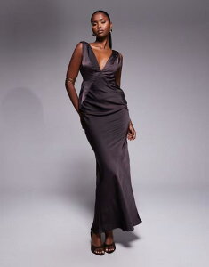 �G�C�\�X ���f�B�[�X �g�b�v�X �����s�[�X �}�L�V�����s�[�X �T�e�� �}�L�V ASOS DESIGN satin plunge maxi dress with knot shoulder and deep cowl back in dark chocolate Chocolate �`���R���[�g