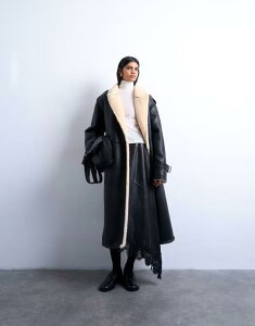 �g�b�v�V���b�v ���f�B�[�X �A�E�^�[ �R�[�g Topshop longline oversized aviator teddy trim coat and cream Black cream �N���[��