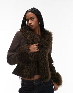 R[W fB[X AE^[ R[g WPbg COLLUSION faux fur trim afghan jacket in chocolate BROWN uE