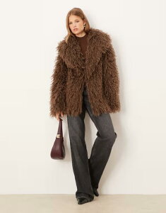 u[u\E fB[X AE^[ R[g WPbg Brave Soul longline Mongolian faux fur jacket in chocolate BROWN uE