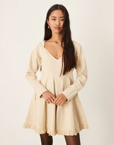 �G�C�\�X ���f�B�[�X �g�b�v�X �����s�[�X V�l�b�N �~�j�����s�[�X �~�j ���[�X ASOS DESIGN v neck washed lace up side skater mini dress in ecru ECRU �G�N����