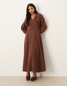 �G�C�\�X ���f�B�[�X �g�b�v�X �����s�[�X V�l�b�N �}�L�V�����s�[�X �}�L�V ASOS DESIGN long sleeve v neck poplin maxi dress in chocolate Chocolate �`���R���[�g