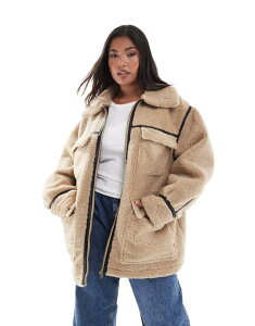 GC\X fB[X AE^[ R[g WPbg ASOS Curve ASOS DESIGN Curve faux shearling outer mid length jacket in stone Oatmeal I[g~[