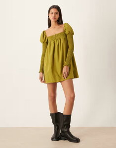 �G�C�\�X ���f�B�[�X �g�b�v�X �����s�[�X �~�j�����s�[�X �~�j ASOS DESIGN shirred bust long sleeve button front mini dress in olive OLIVE �I���[�u