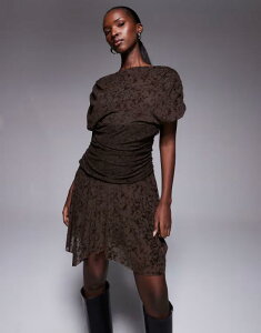 �G�C�\�X ���f�B�[�X �g�b�v�X �����s�[�X �~�j�����s�[�X �~�j ���[�X ASOS DESIGN lace short sleeve drapey mini dress in chocolate Chocolate �`���R���[�g