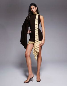 �G�C�\�X ���f�B�[�X �g�b�v�X �����s�[�X �~�j�����s�[�X �h���[�v �~�j ASOS DESIGN one sleeve draped mini dress with tie scarf detail in chocolate chocolate �`���R���[�g