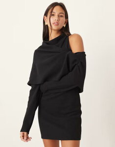 �G�C�\�X ���f�B�[�X �g�b�v�X �����s�[�X �~�j�����s�[�X �h���[�v �~�j �I�[�o�[���C ASOS DESIGN supersoft slash neck draped overlay mini dress Black �u���b�N