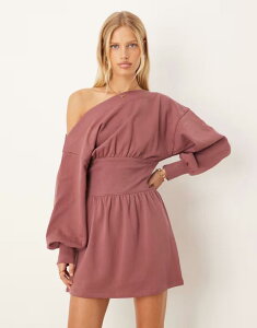 �G�C�\�X ���f�B�[�X �g�b�v�X �����s�[�X �~�j�����s�[�X �~�j �R�b�g�� ASOS DESIGN cotton slash neck one shoulder elastic waisted mini dress in deep rose Deep rose
