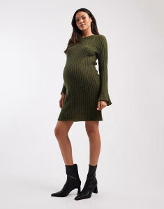 �}�}���C�V�A�X ���f�B�[�X �g�b�v�X �����s�[�X �~�j�����s�[�X ���u �~�j �j�b�g �}�^�j�e�B Mama.licious Mamalicious Maternity soft knit ribbed bell sleeve mini dress melange Grape leaf �O���[�v