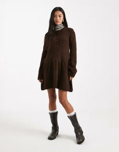 ���F�����[�_ ���f�B�[�X �g�b�v�X �����s�[�X �~�j�����s�[�X �~�j �j�b�g Vero Moda soft knit button front mini dress in chocolate melange Chocolate �`���R���[�g