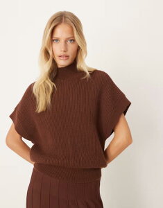 �}���S ���f�B�[�X �g�b�v�X �V���c �n�C�l�b�N �j�b�g Mango high neck short sleeve knit top - part of a set BROWN �u���E��