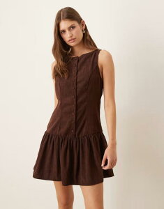 �G�C�\�X ���f�B�[�X �g�b�v�X �����s�[�X �{�^���_�E�� �~�j�����s�[�X �~�j �_�E�� ASOS DESIGN cord slash neck button down dropped waist mini dress in chocolate Chocolate �`���R���[�g