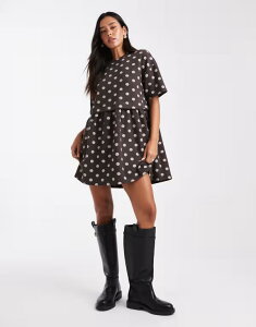�~�X�Z���t�t���b�W ���f�B�[�X �g�b�v�X �����s�[�X �h�b�g�� �h�b�g Miss Selfridge short sleeve layered smock dress in chocolate polka dot Polka dot �h�b�g