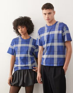 �R���[�W���� ���f�B�[�X �g�b�v�X T�V���c COLLUSION Unisex slim plaid blue T-shirt BLUE �u���[