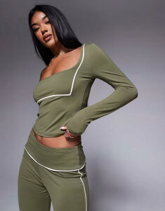 GC\X fB[X gbvX Vc RgXg ASOS DESIGN contrast binding square neck polyamide top in olive - part of a set OLIVE I[u