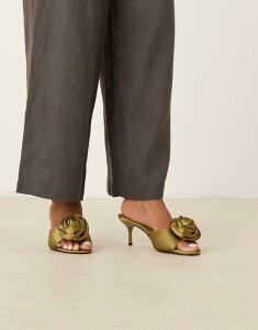 �G�C�\�X ���f�B�[�X �V���[�Y �T���_�� �T�e�� �q�[�� ASOS DESIGN Hush corsage detail mid heel mules in olive satin OLIVE �I���[�u