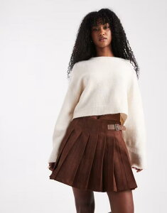 �G�C�\�X ���f�B�[�X �{�g���X �X�J�[�g �v���[�c �~�j �X�G�[�h ASOS DESIGN faux suede buckle detail pleated mini skirt Brown �u���E��