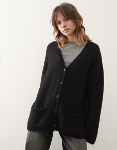�����L ���f�B�[�X �A�E�^�[ �J�[�f�B�K�� �E�[�� �j�b�g Monki oversized fluffy knit wool mix cardigan Black �u���b�N