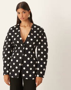 GC\X fB[X AE^[ WPbgEu] hbg EGXg}[N hbg uU[ ASOS DESIGN collarless cinched waist blazer in polka dot - part of a set Black Polka Dot ubN