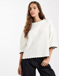 �~�X�Z���t�t���b�W ���f�B�[�X �A�E�^�[ �j�b�g�E�Z�[�^�[ T�V���c �j�b�g Miss Selfridge knit blanket stitch T-shirt in cream CREAM �N���[��