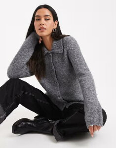 �t�H�[�X&���b�N���X ���f�B�[�X �A�E�^�[ �J�[�f�B�K�� ���u �E�[�� 4th & Reckless wool blend ribbed collar detail button up cardigan in charcoal Gray �O���[