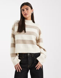 F[_ fB[X AE^[ jbgEZ[^[ nClbN Z[^[ Vero Moda high neck sweater in chunky neutral stripe Birch W. SILVER MINK ~N