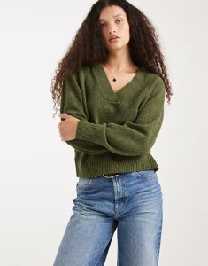 ���F�����[�_ ���f�B�[�X �A�E�^�[ �j�b�g�E�Z�[�^�[ V�l�b�N �Z�[�^�[ Vero Moda soft oversized V-neck sweater melange Cypress Melange �O���[��