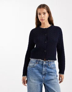 �~�X�Z���t�t���b�W ���f�B�[�X �A�E�^�[ �J�[�f�B�K�� �j�b�g Miss Selfridge cable knit cardigan with blanket stitch detailing NAVY �l�C�r�[
