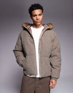 GC\X Y AE^[ R[g WPbg ASOS DESIGN puffer jacket in heritage plaid with faux fur BROWN uE